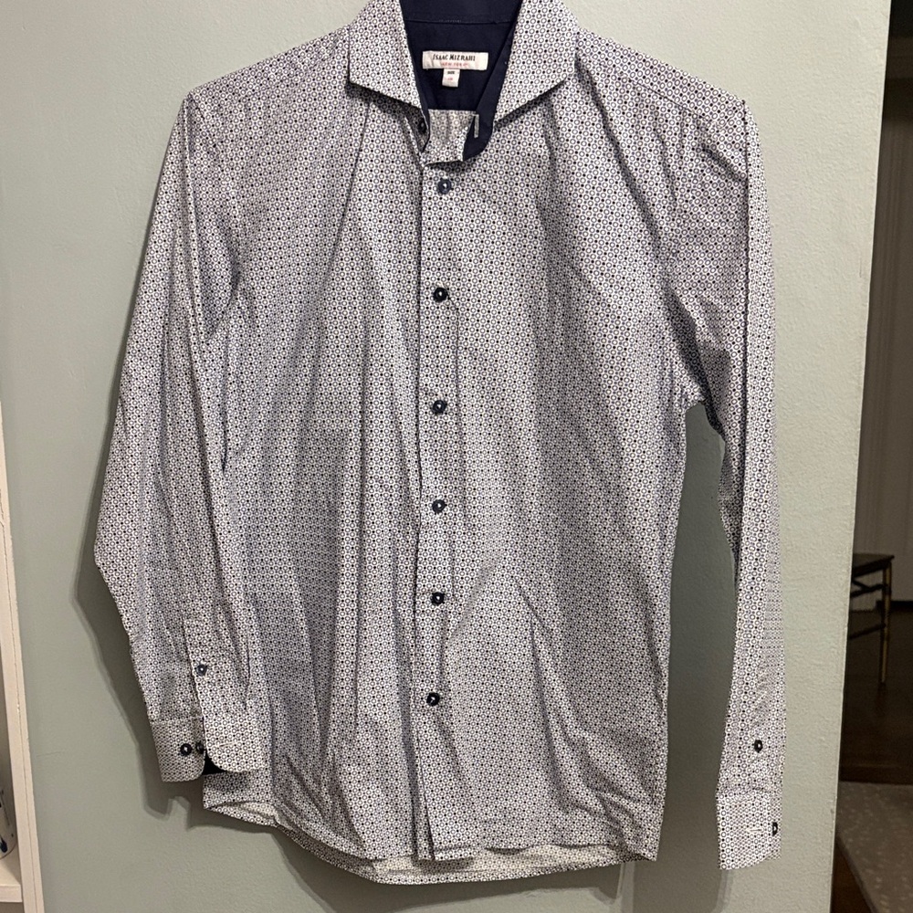 Isaac Mizrahi Navy Patterned Button Down Shirt